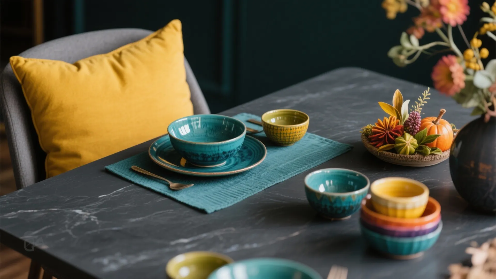 Charcoal grey table used as a neutral backdrop for mustard and teal accessories and ceramics.