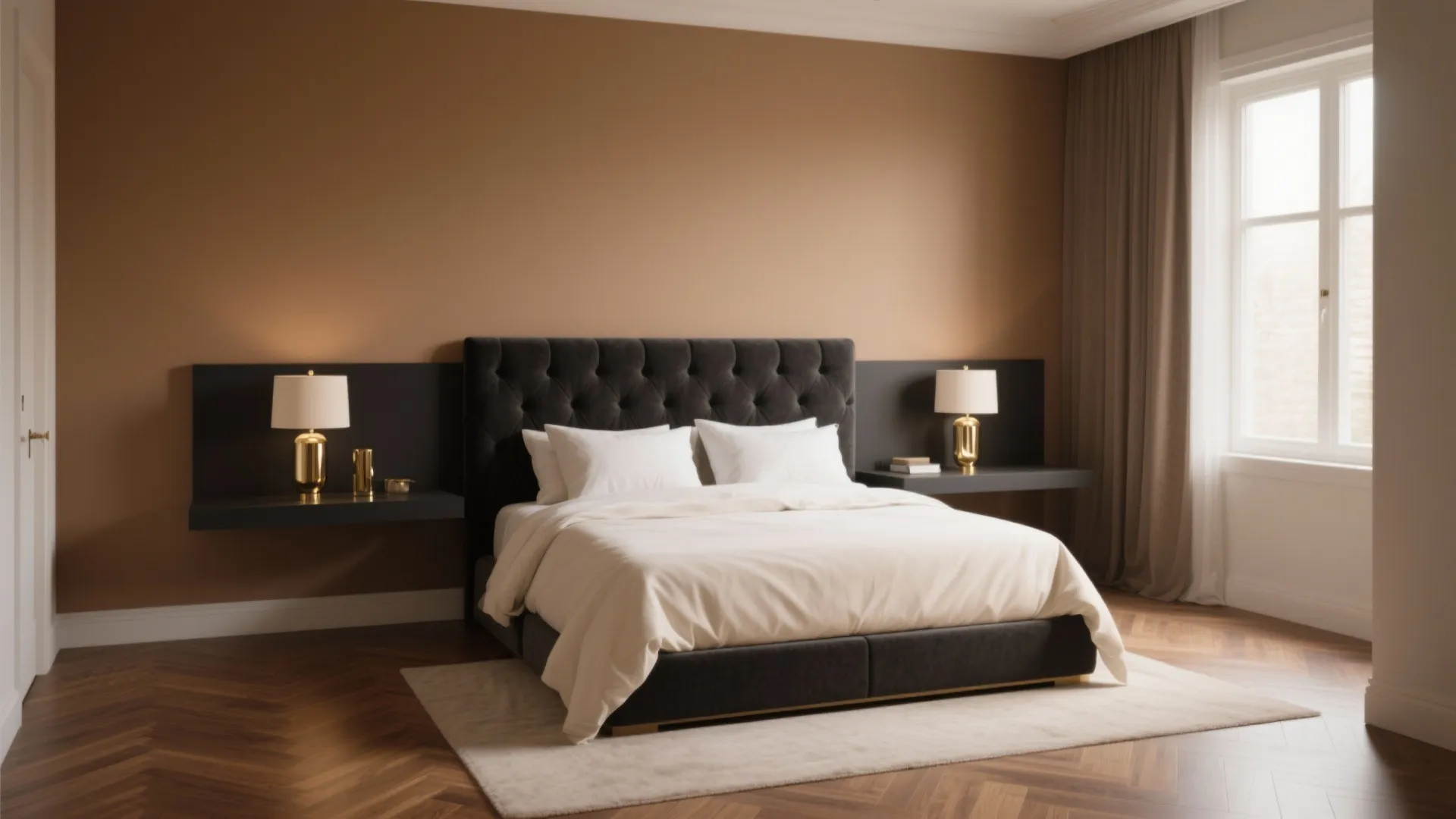 Small tan bedroom with a deep charcoal headboard and charcoal floating shelf creating contrast and depth.