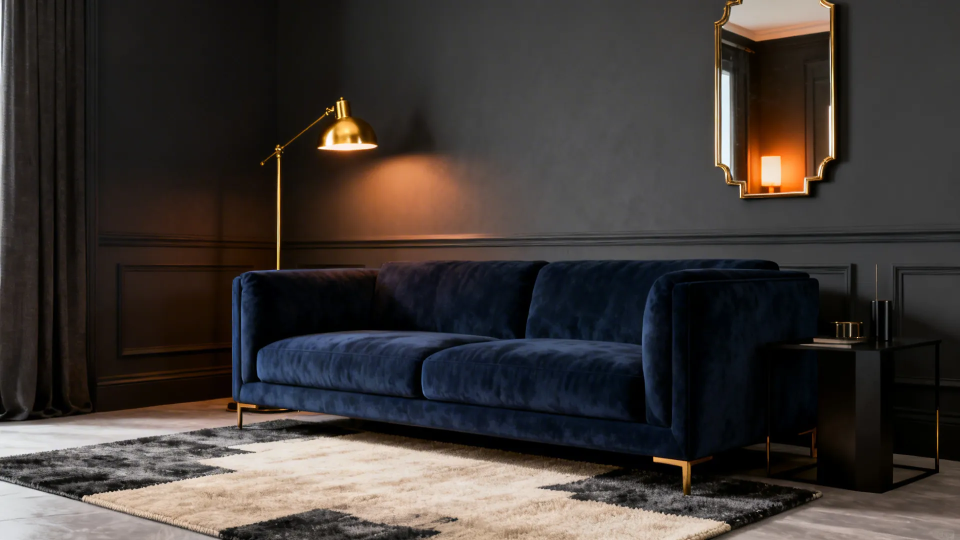 Navy sofa grounded by a charcoal-beige blended rug with brass accents