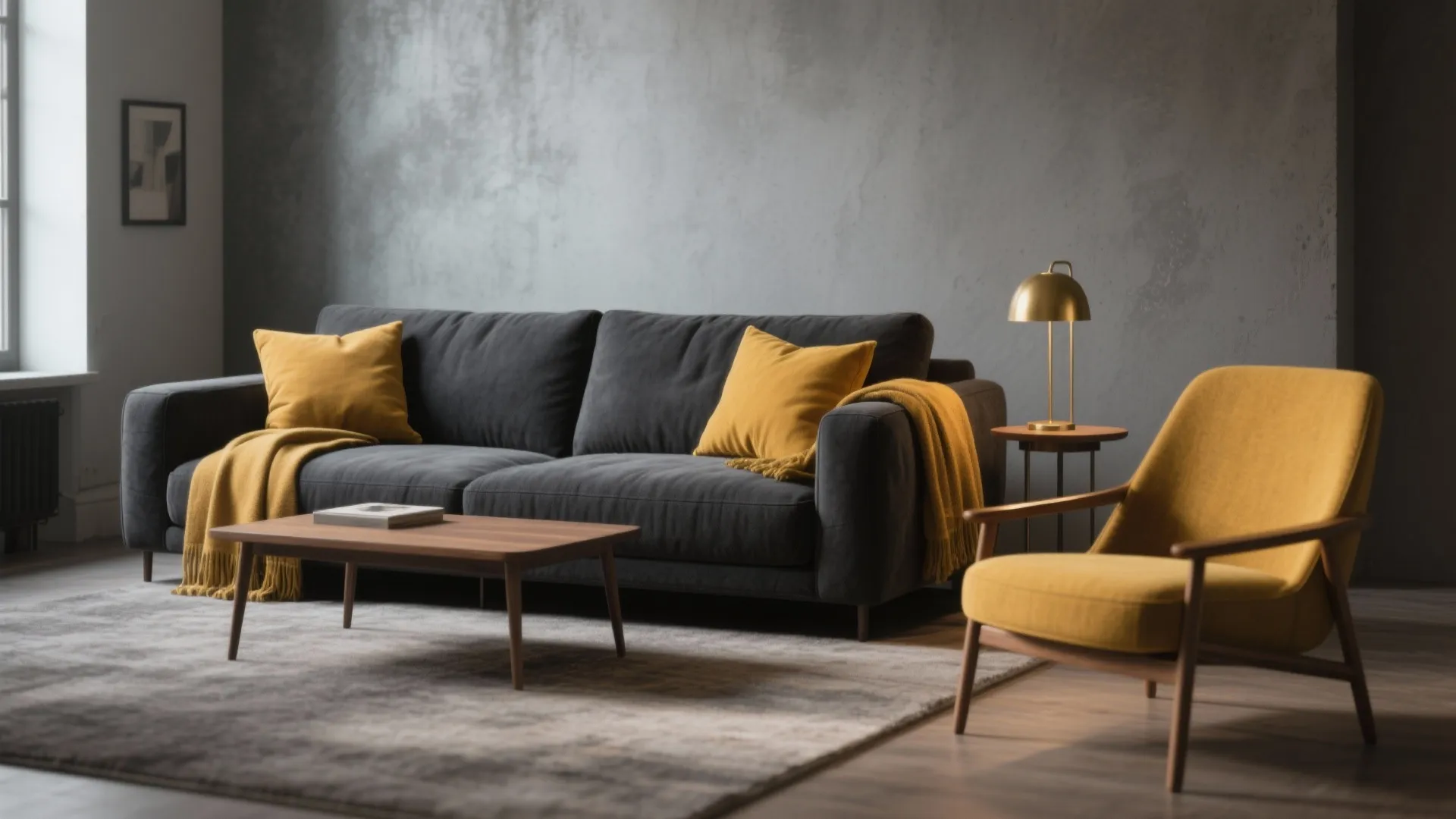 Modern living room with dark grey sofa yellow armchair wooden coffee table and gold table lamp