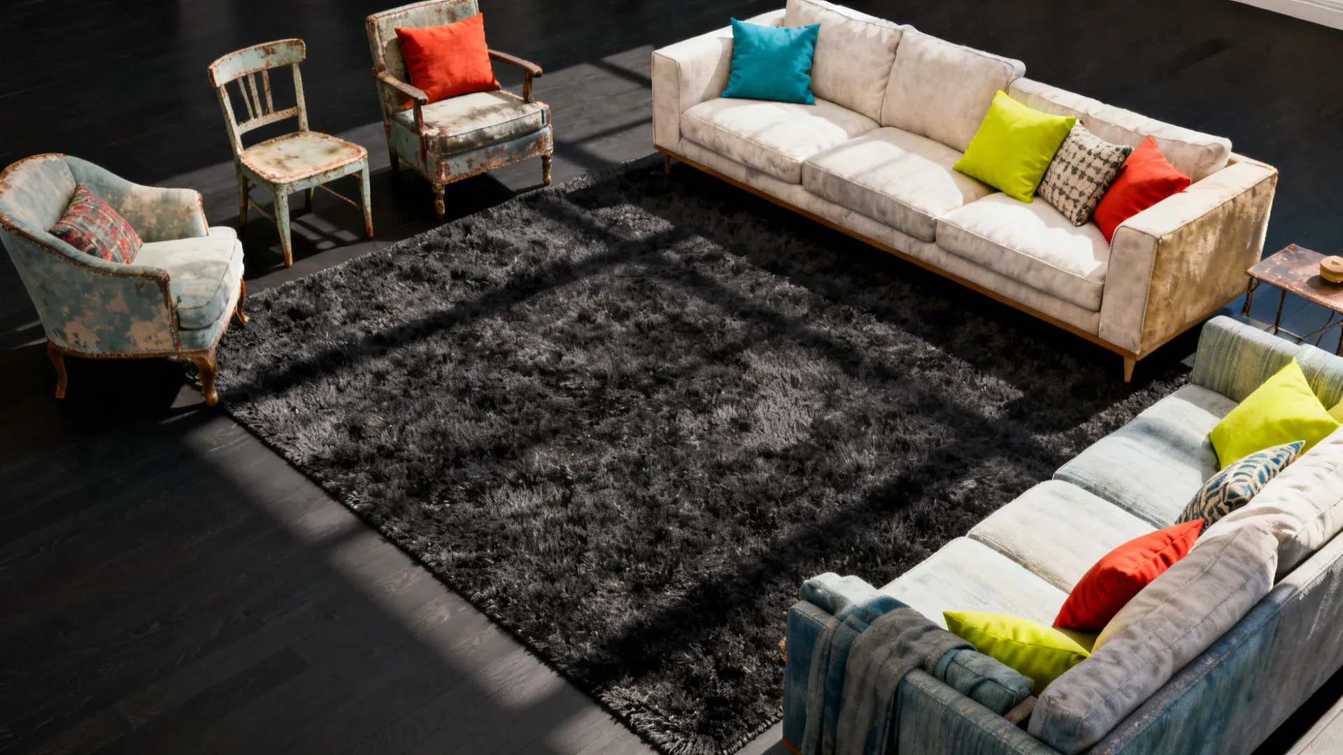 Large charcoal shaggy rug in living room with sofas vintage chairs and colorful pillows on floor