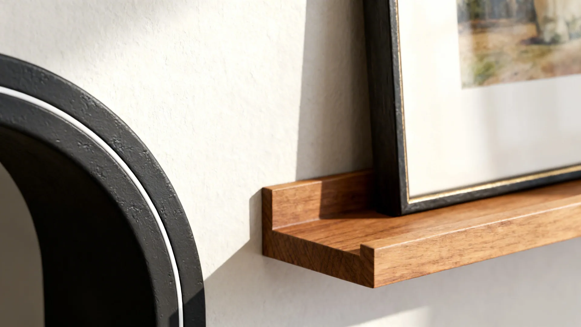 Macro of charcoal arch edge on warm white wall with natural oak shelf detail.