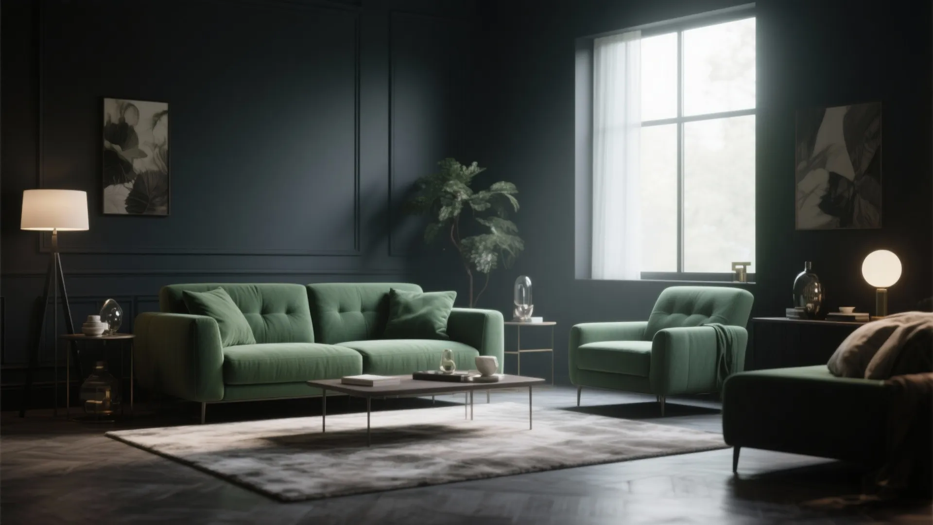 Dark grey living room with green sofa green armchair wood coffee table and floor lamp