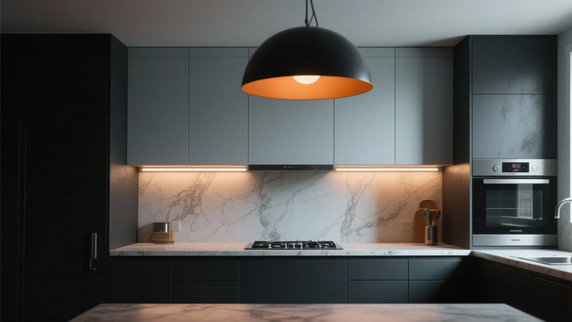 2. Deep Charcoal Base with Lighter Upper Cabinets