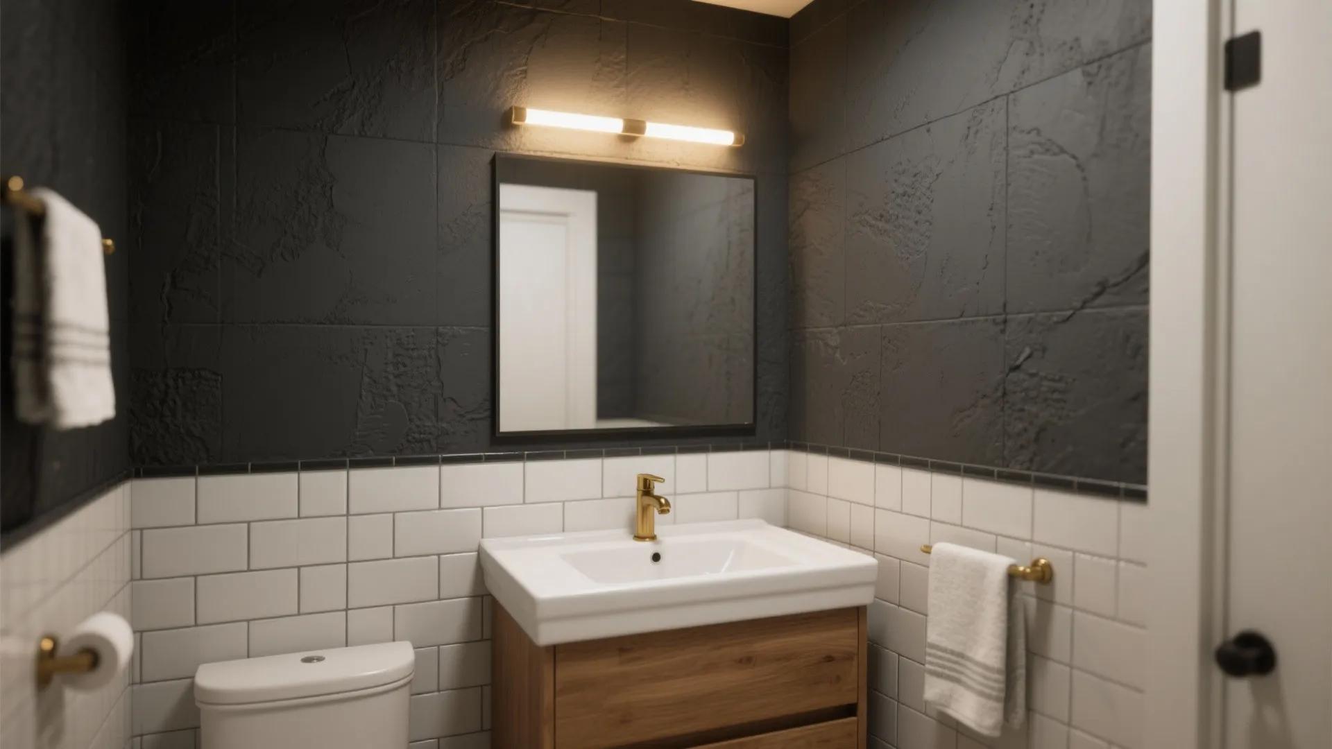 Small bathroom with a charcoal vanity wall, light tiles with charcoal grout and warm task lighting.