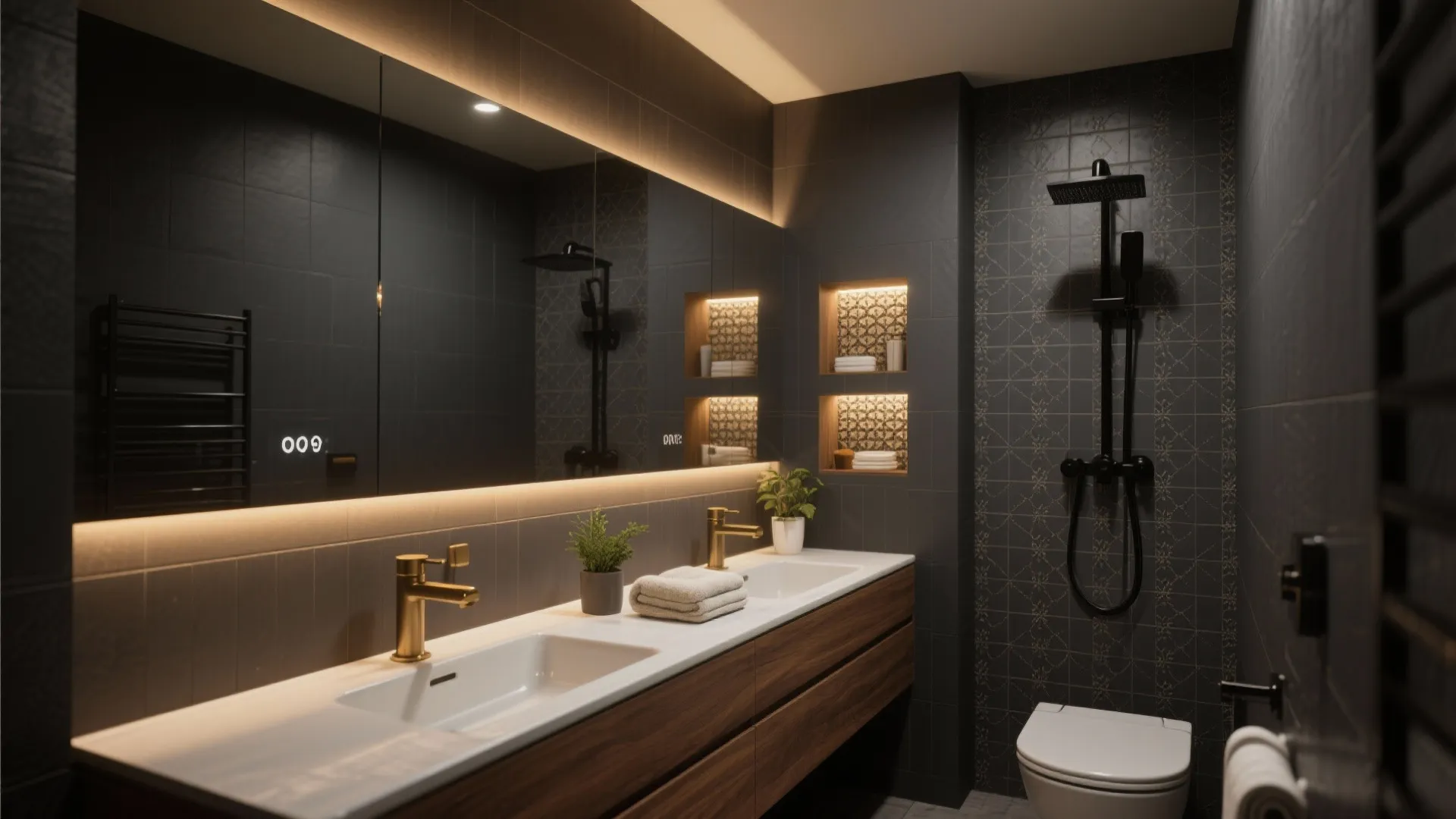 Double sink bathroom vanity with wooden cabinet large lighted mirror gold taps and black shower fixtures