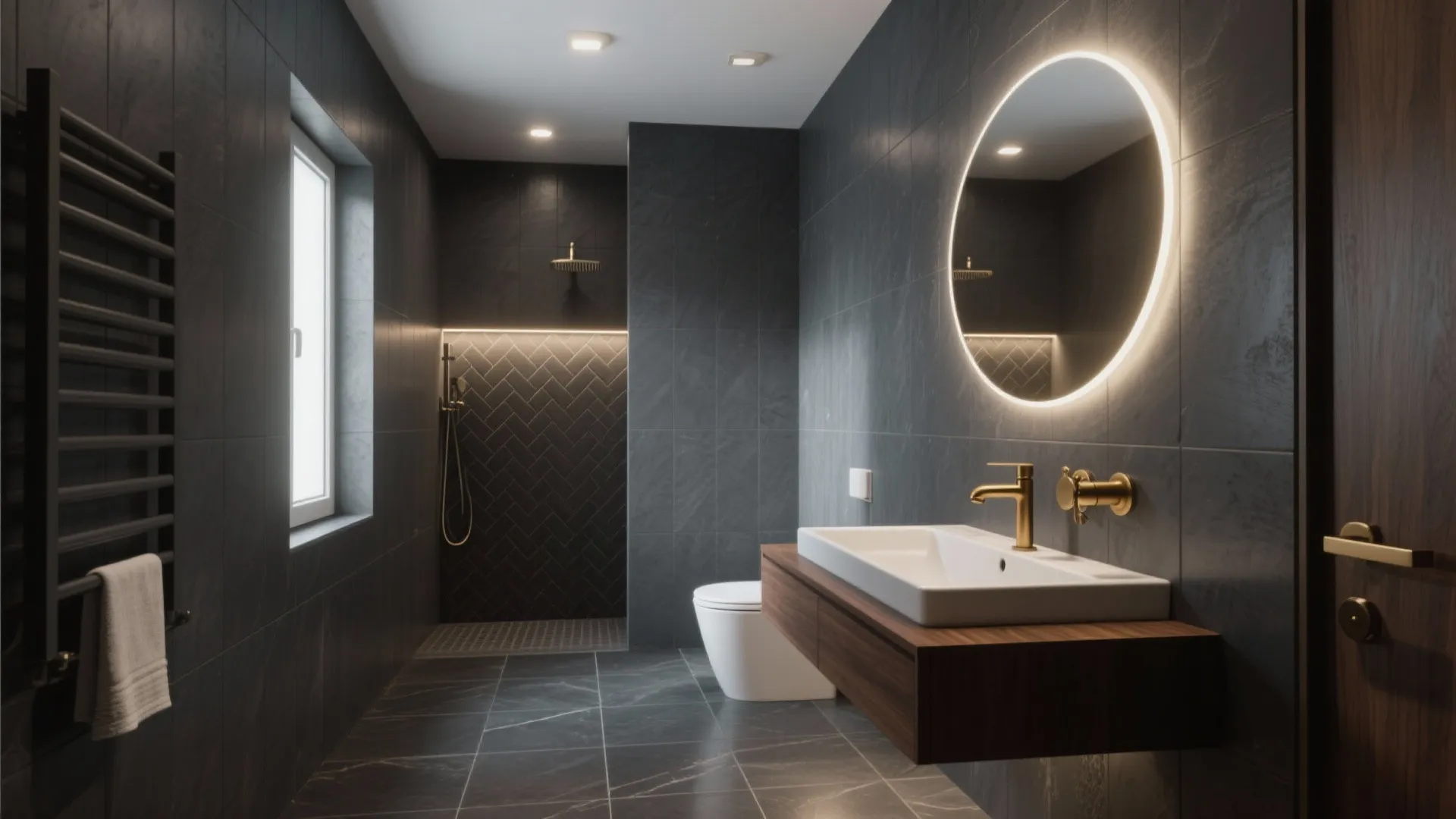 Modern dark grey bathroom with wooden cabinet white sink round light mirror and walk in shower