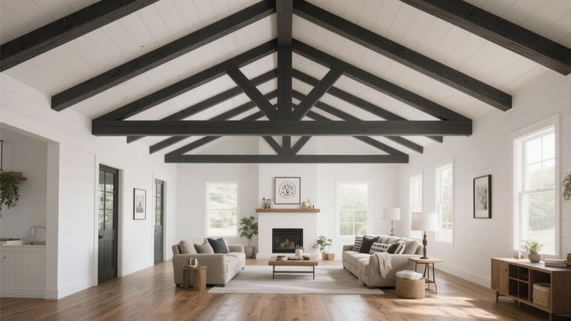 Vaulted ceiling beams with charcoal accents in modern farmhouse
