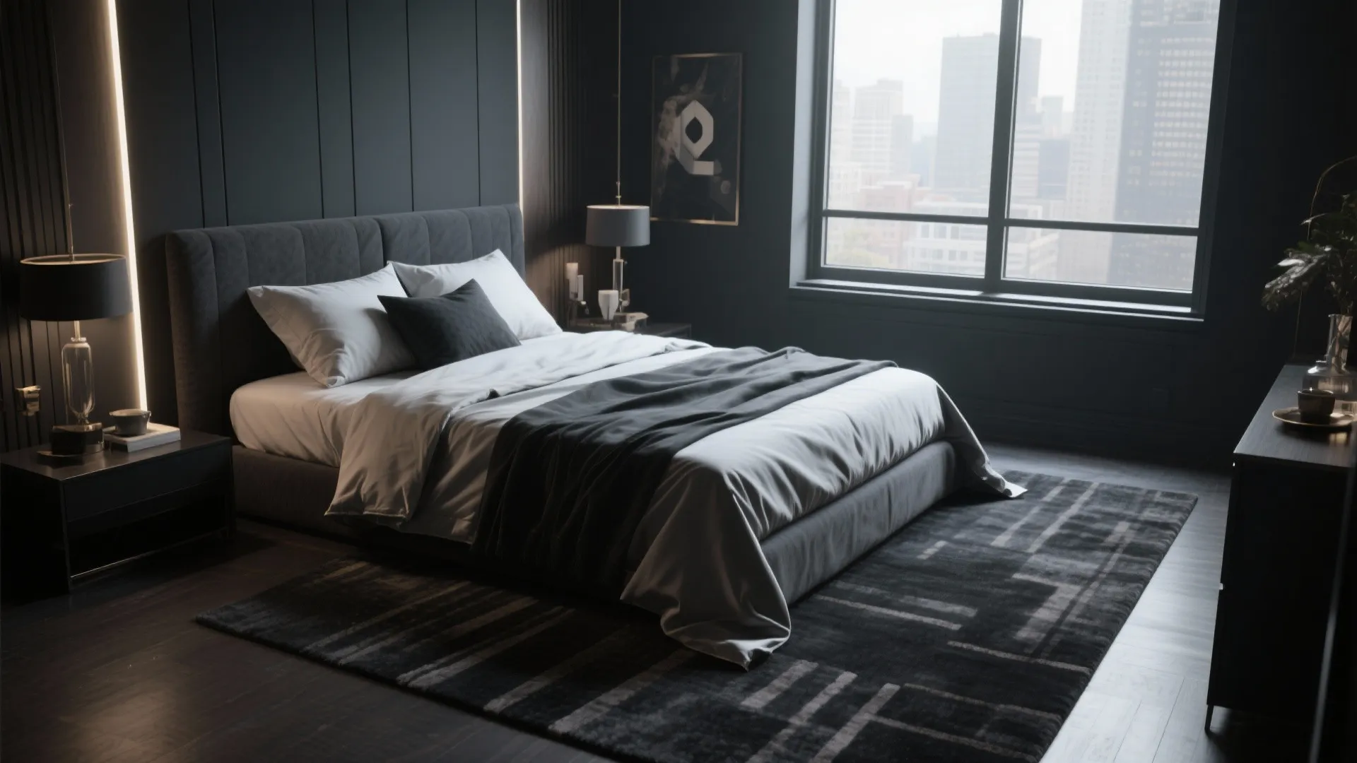 Luxury dark grey bedroom with city view window wall lights pattern rug and black wood furniture
