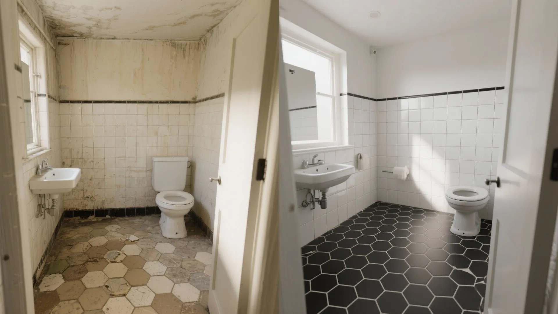 Before-and-after small bath showing upgrade to charcoal hex floor and white walls.