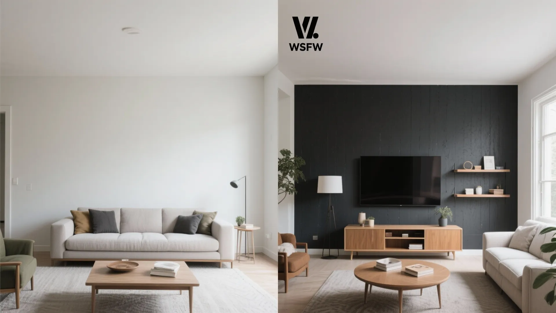 Charcoal accent with light sofas (high-contrast but calm)