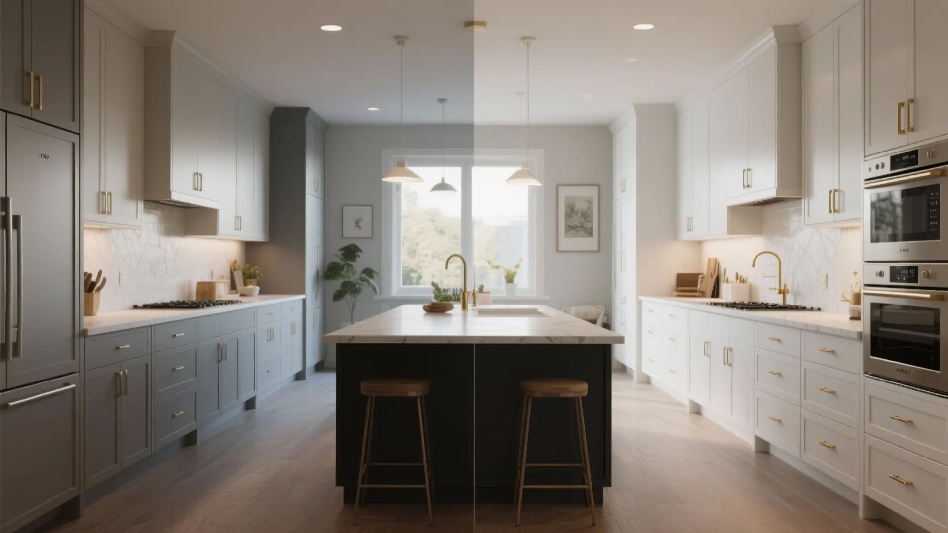 Before-and-after comparison showing transformation to a kitchen with a charcoal island and white perimeter cabinets with brass pulls.