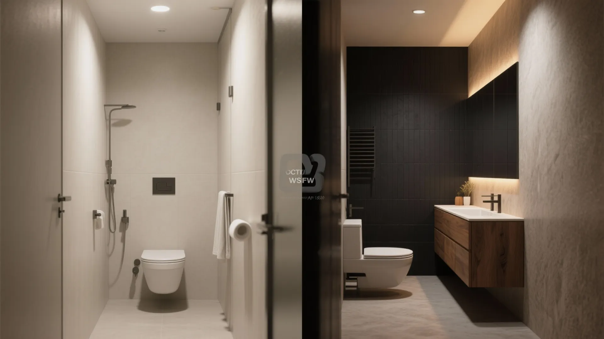 Before and after comparison of a plain white bathroom versus a dark modern bathroom design