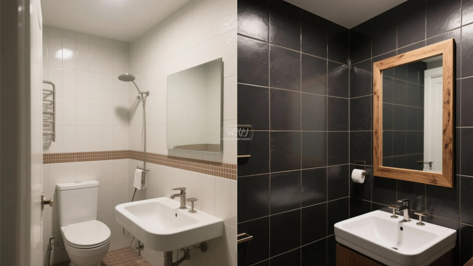 5. Charcoal tiles + light brown grouting + natural wood mirror frame