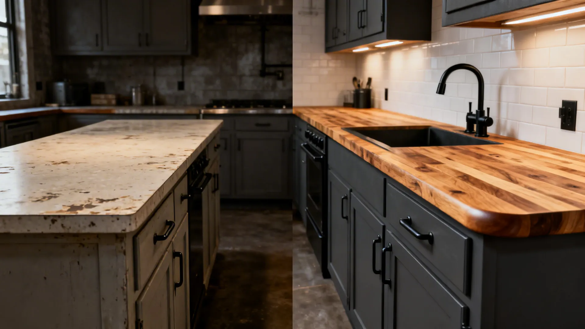Split view showing outdated counter versus charcoal bases with a butcher-block upgrade.