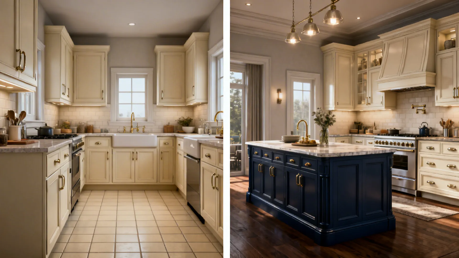 Before and after comparison of cream kitchen layout versus updated design with large blue island