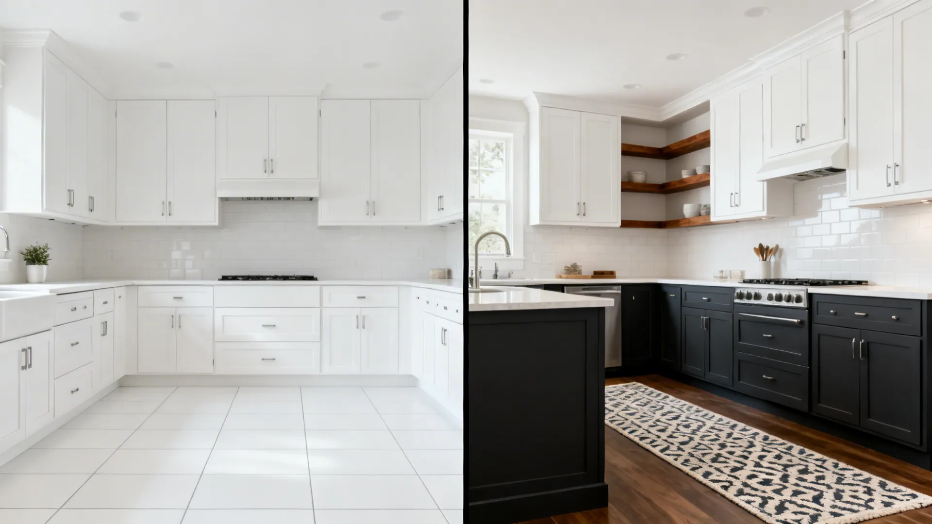 Before and after comparison of an all white kitchen versus a dark blue kitchen design