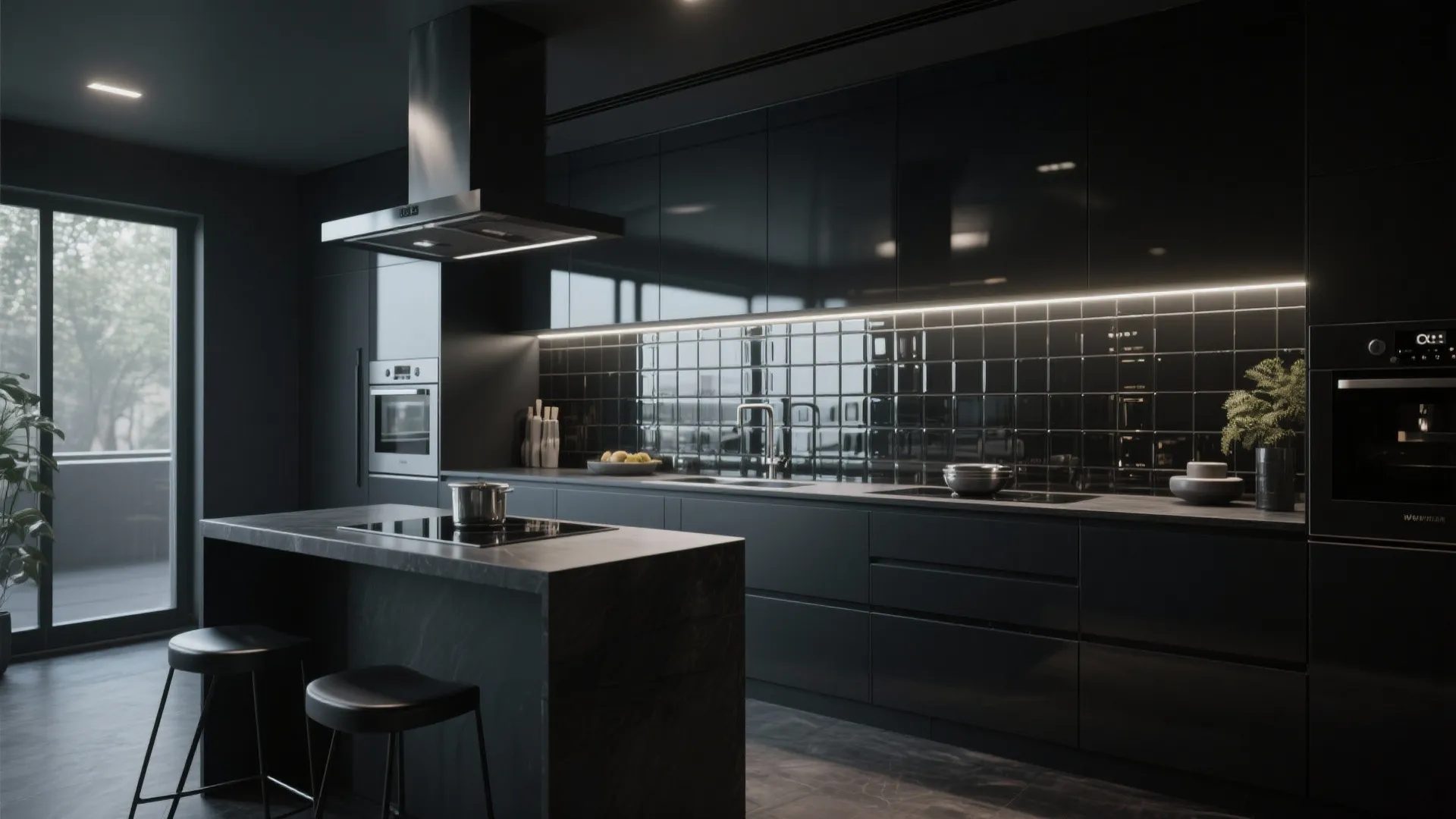Modern black kitchen with dark cabinets dark island black tiles under cabinet lighting and stools