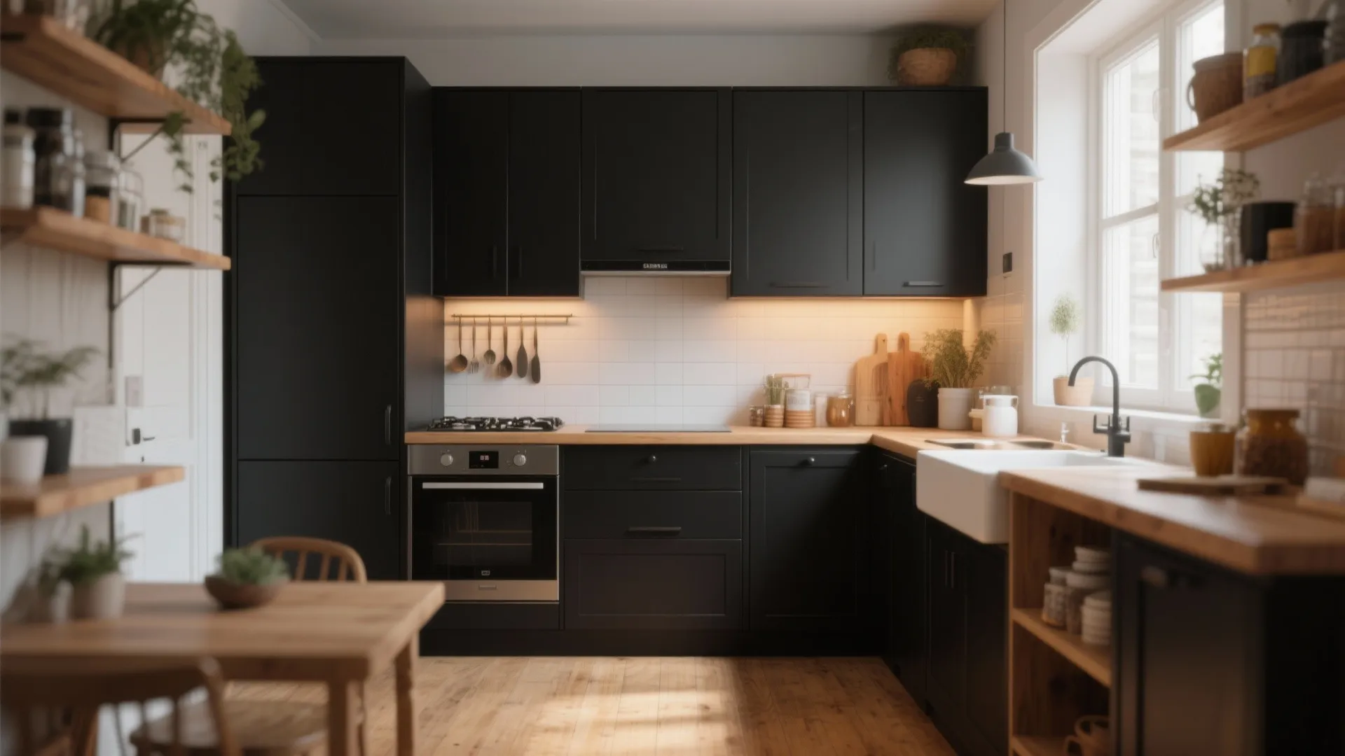 Modern black kitchen with wooden countertops white tiles wall shelves plants sink and silver oven