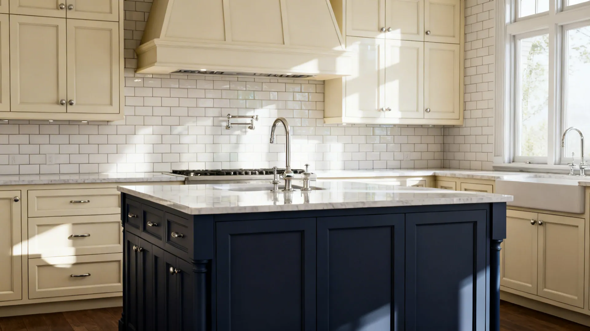 Traditional kitchen with blue island marble top silver faucet cream cabinets and white wall tiles