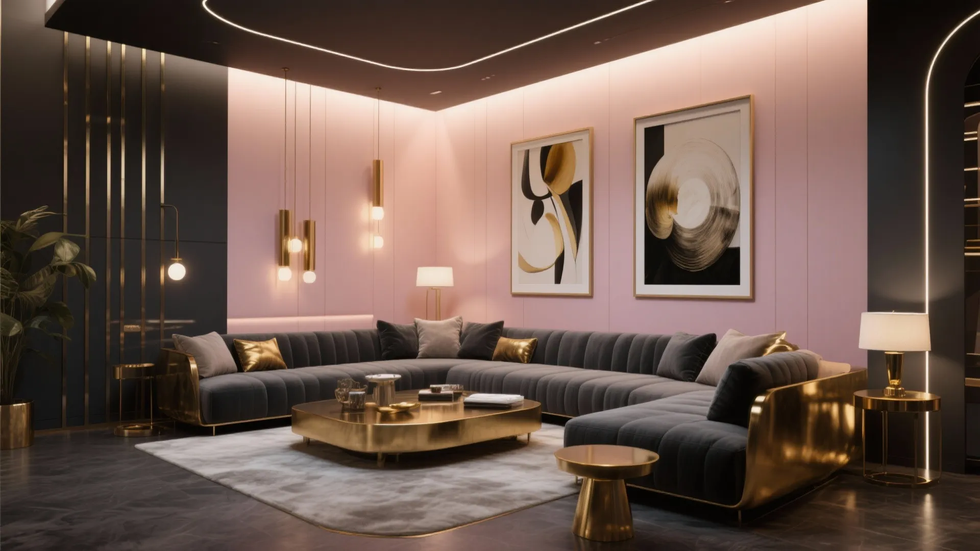 Modern luxury living room featuring grey sofa with gold coffee table and pink wall panels
