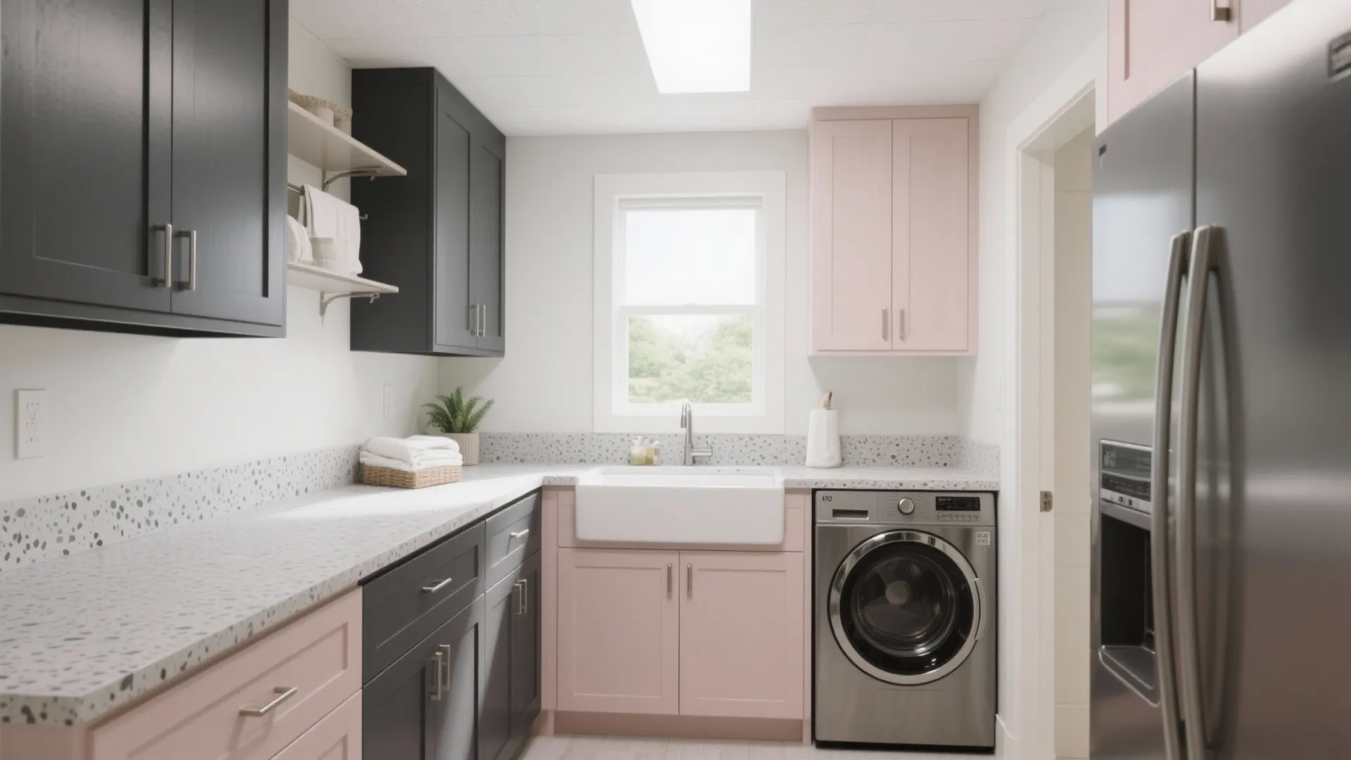 Laundry room with charcoal lower cabinets, pale blush walls, terrazzo counter, and neutral white ceiling.