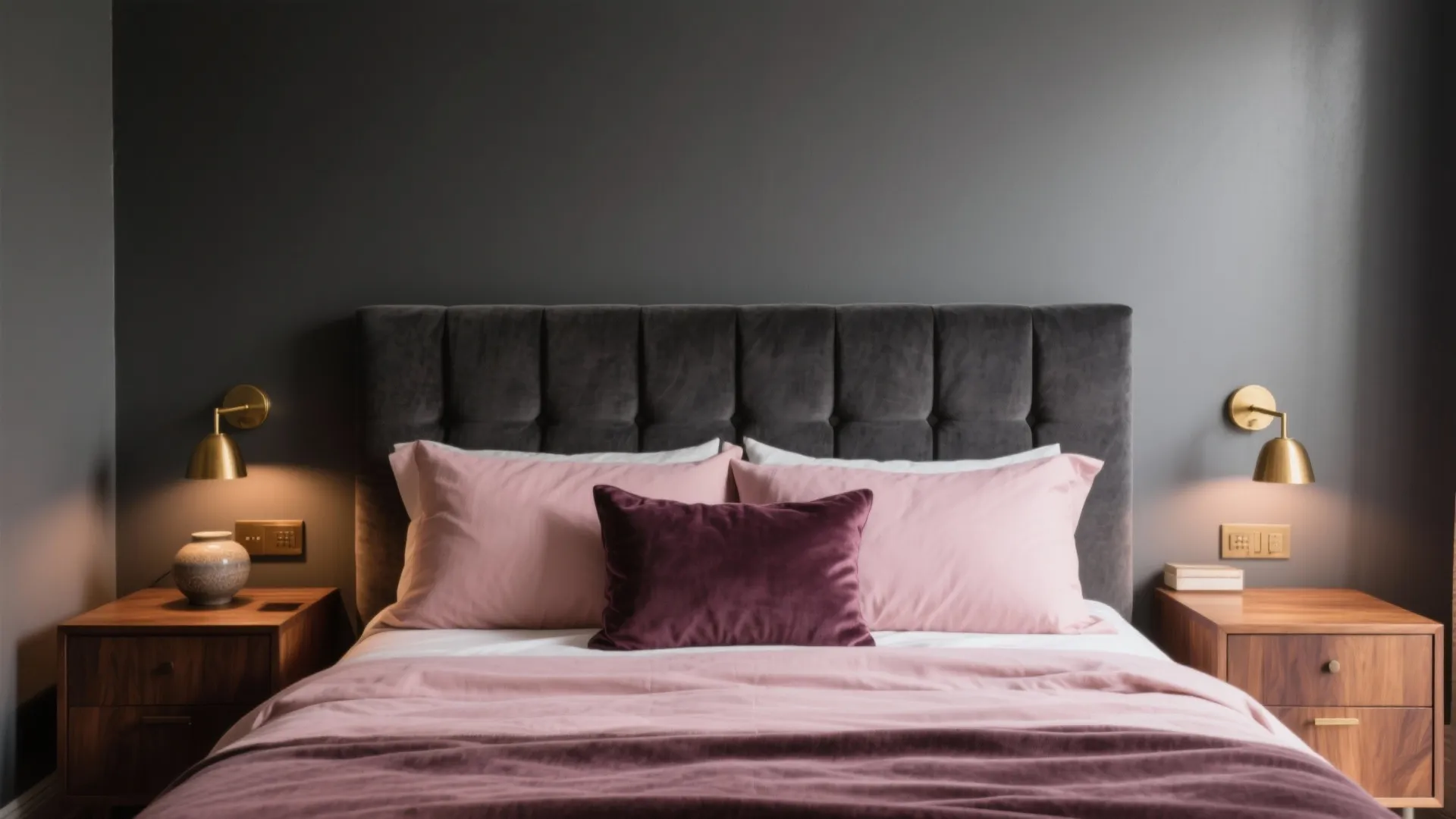 Modern bedroom with dark grey wall pink bedding grey headboard wooden nightstands and gold lights