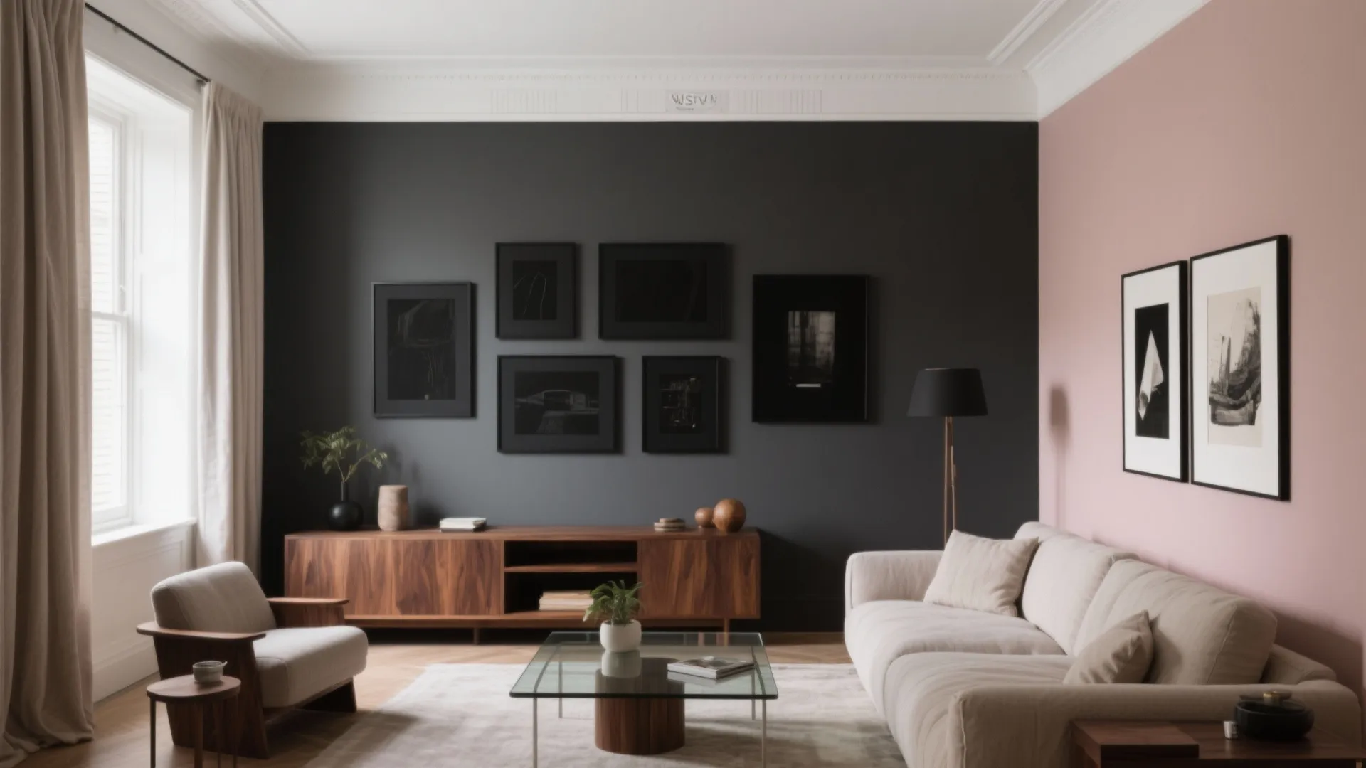 Modern living room with charcoal and pink walls beige sofa wood cabinet and glass table