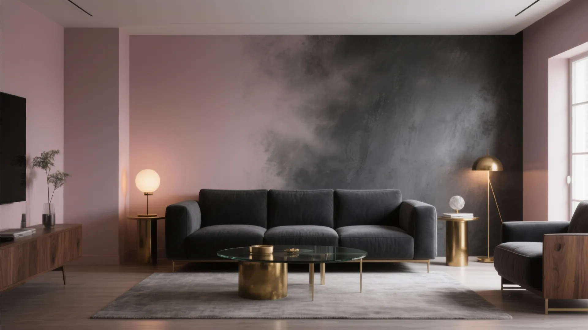 Living room with pink walls, charcoal accent, grey sofa, glass coffee table, and gold lamps