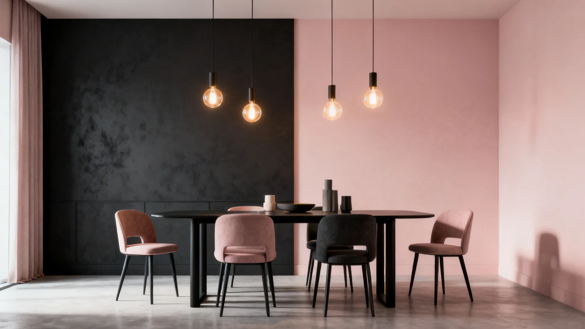 Contemporary dining room with a charcoal wall opposite a pale blush wall and warm pendant lighting