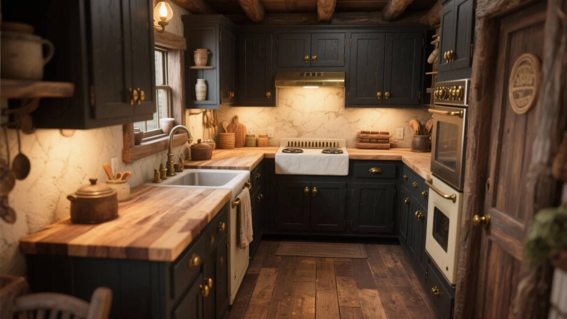 Rustic kitchen with dark wood cabinets, wooden countertop, white sink, brass faucet, and ceiling light