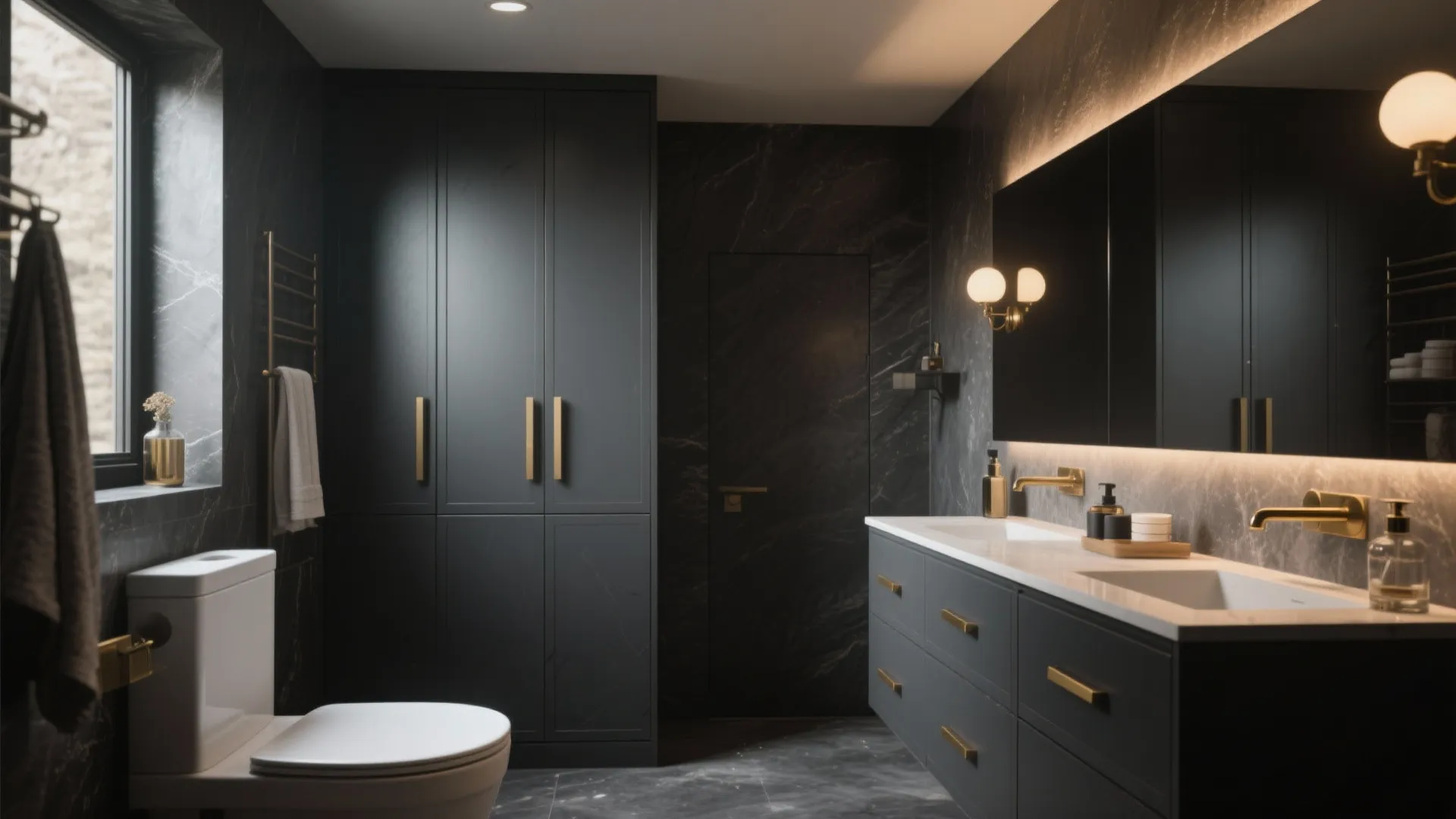 2. Matte Charcoal Cabinets with Brass Hardware