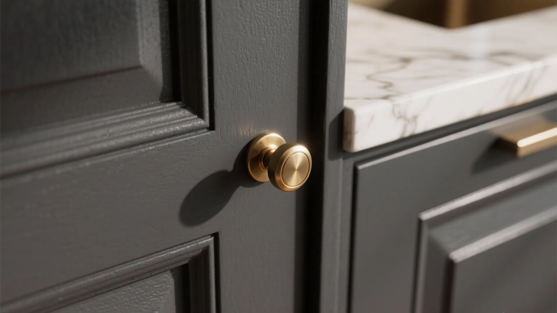 4. Charcoal cabinets with brass hardware and light countertops