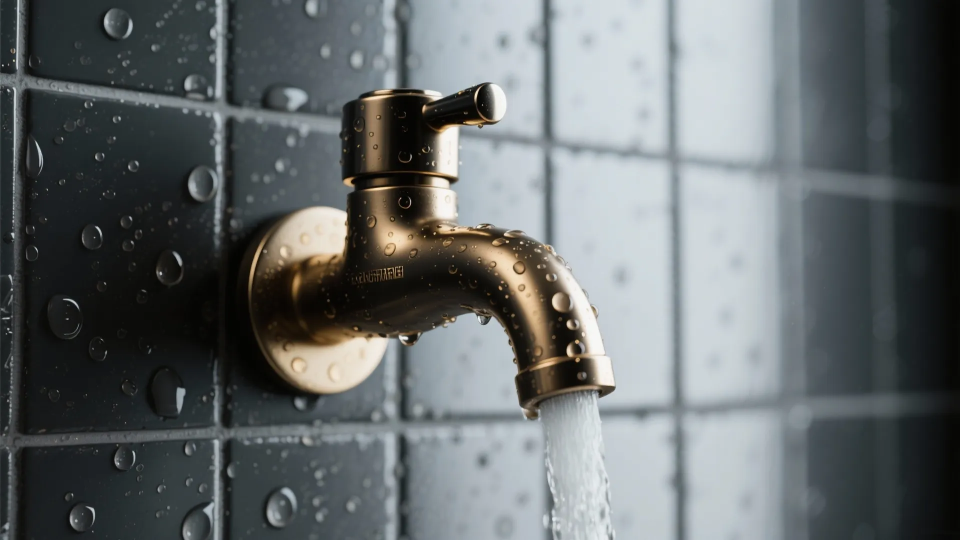 Close up of a gold water tap with water flowing against dark grey square tiles