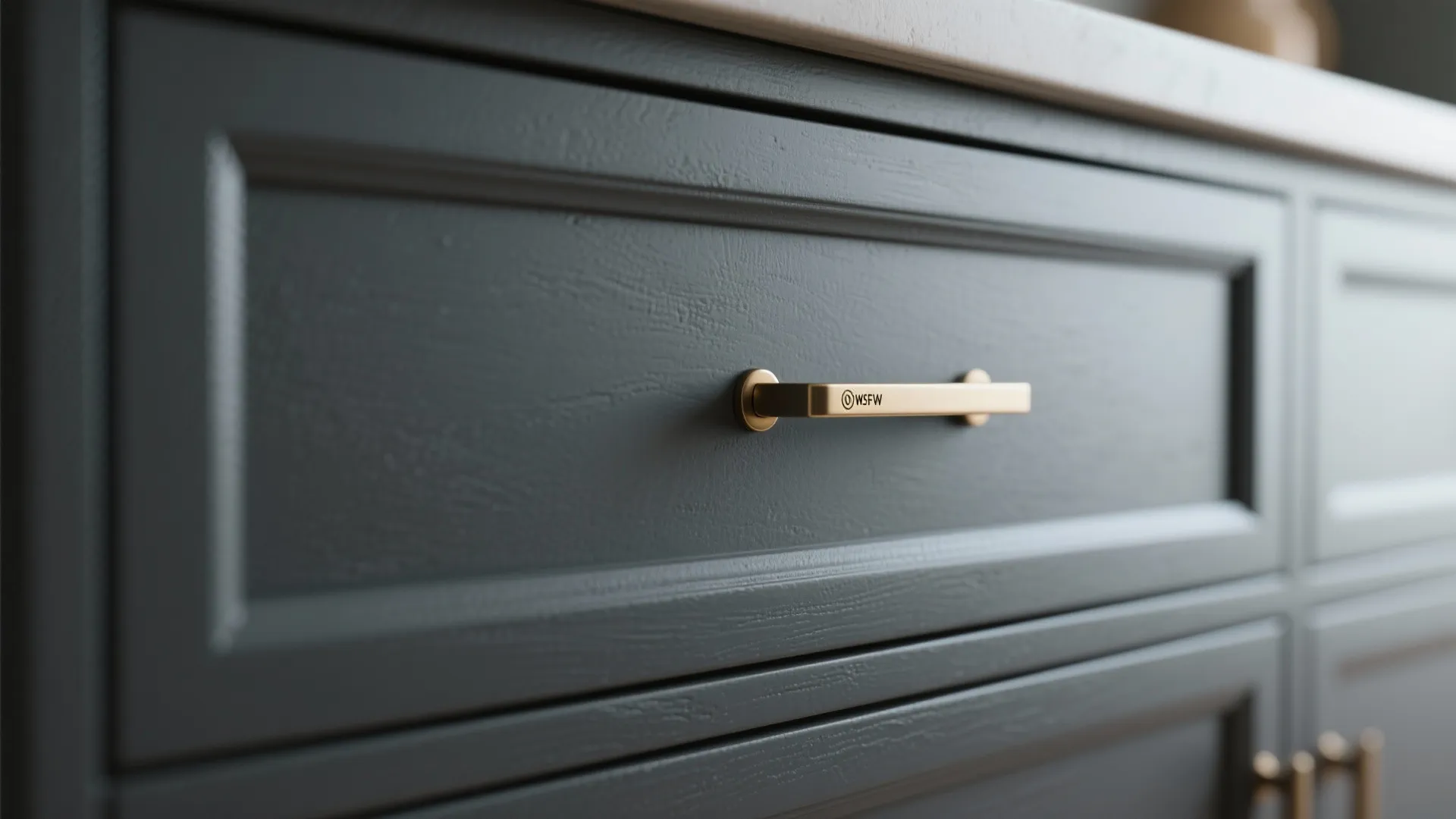 1. Matte charcoal cabinets with satin brass hardware