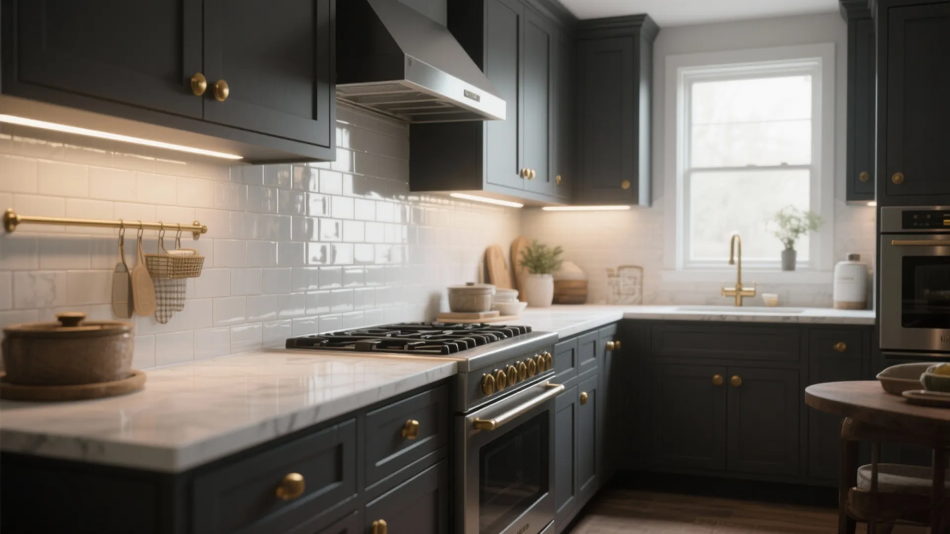 Matte charcoal cabinets paired with brass hardware and under-cabinet lighting in a modern farmhouse kitchen