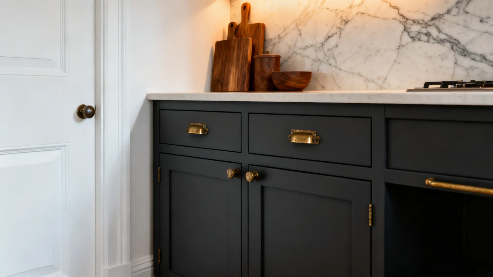 Charcoal matte kitchen trolley with aged brass pulls against white cabinetry and veined quartz