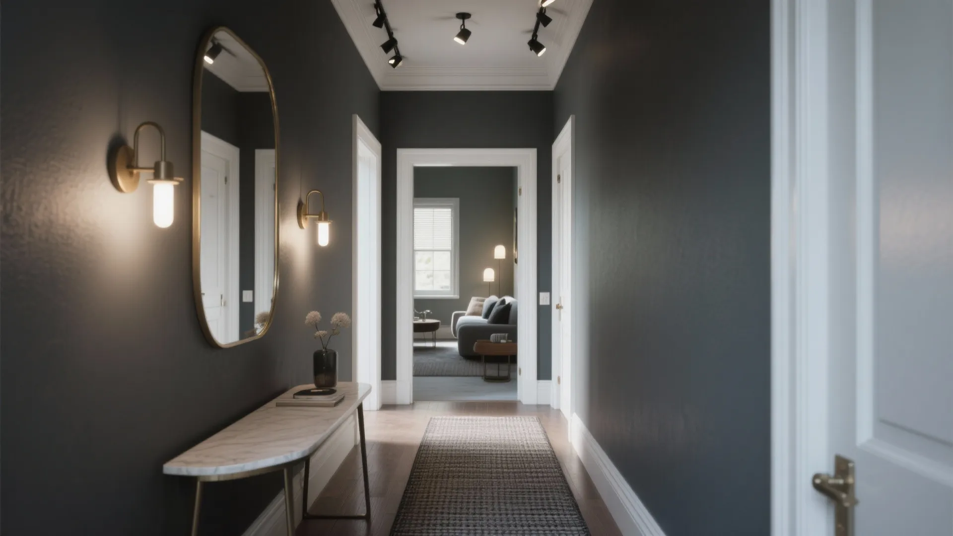 Narrow hallway with soft charcoal walls, crisp white trim, mirror and layered lighting.