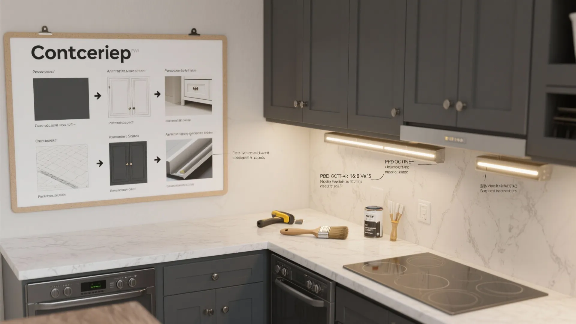 Top-down renovation concept board with charcoal swatches, hardware and tools illustrating budget-friendly tips.