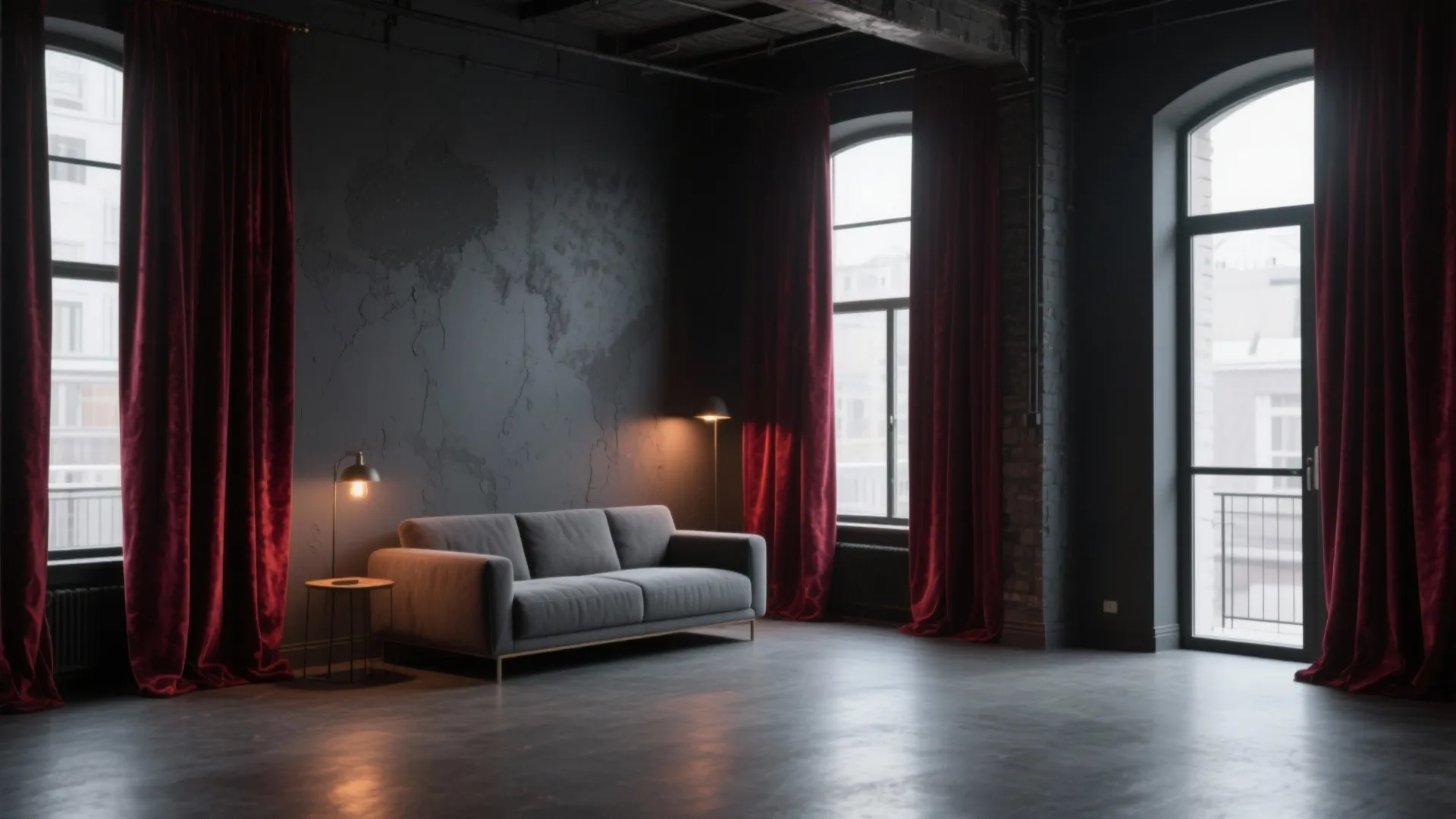 Living room with charcoal walls and burgundy velvet drapes