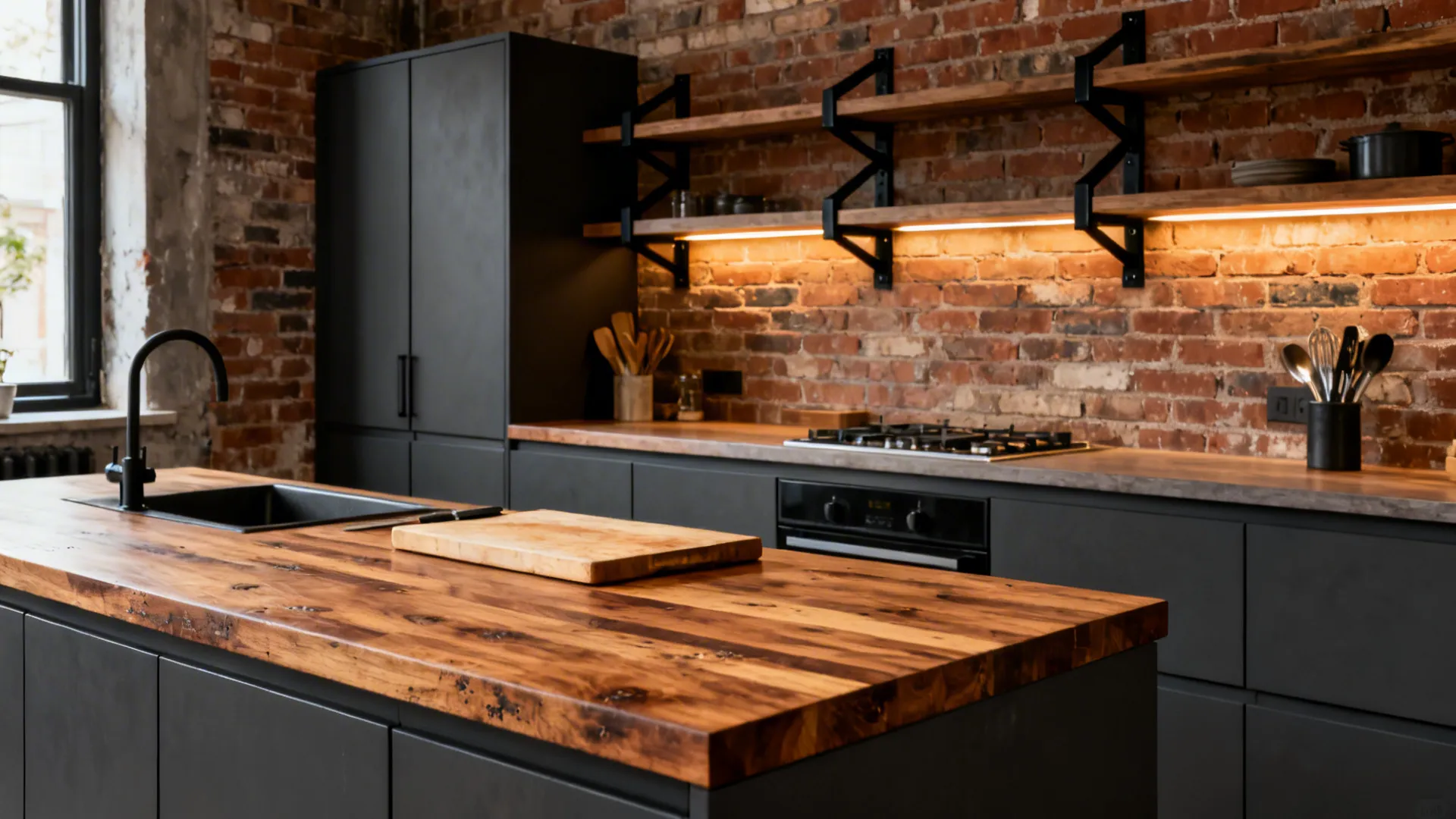 Charcoal base cabinets with thick oak butcher-block top against an exposed brick wall.