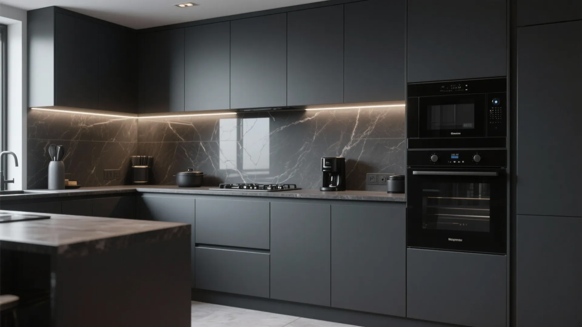 Contemporary dark grey kitchen interior with matching black appliances marble backsplash and under cabinet lighting