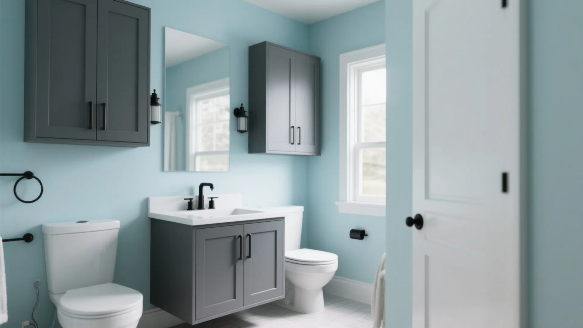 Modern bathroom featuring light blue walls with charcoal grey cabinets and a white toilet seat