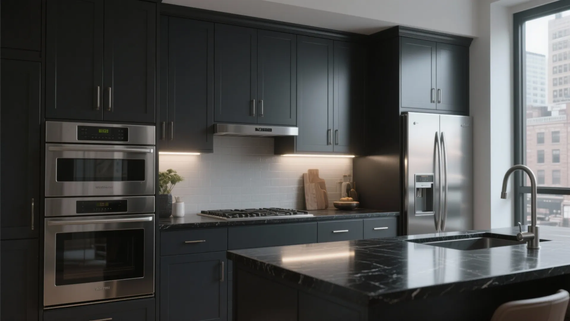 Charcoal shaker cabinets paired with brushed stainless appliances and honed black quartz counter.