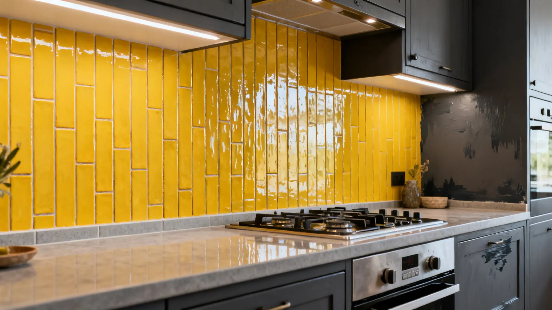 Charcoal gray cabinets with a yellow tile backsplash in a compact kitchen.