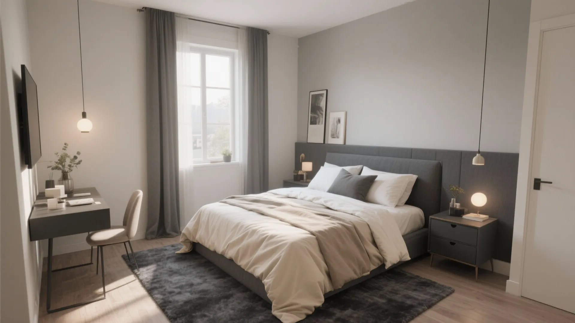 Contemporary bedroom featuring charcoal wall panel grey bed dark curtains small desk and round light fixture