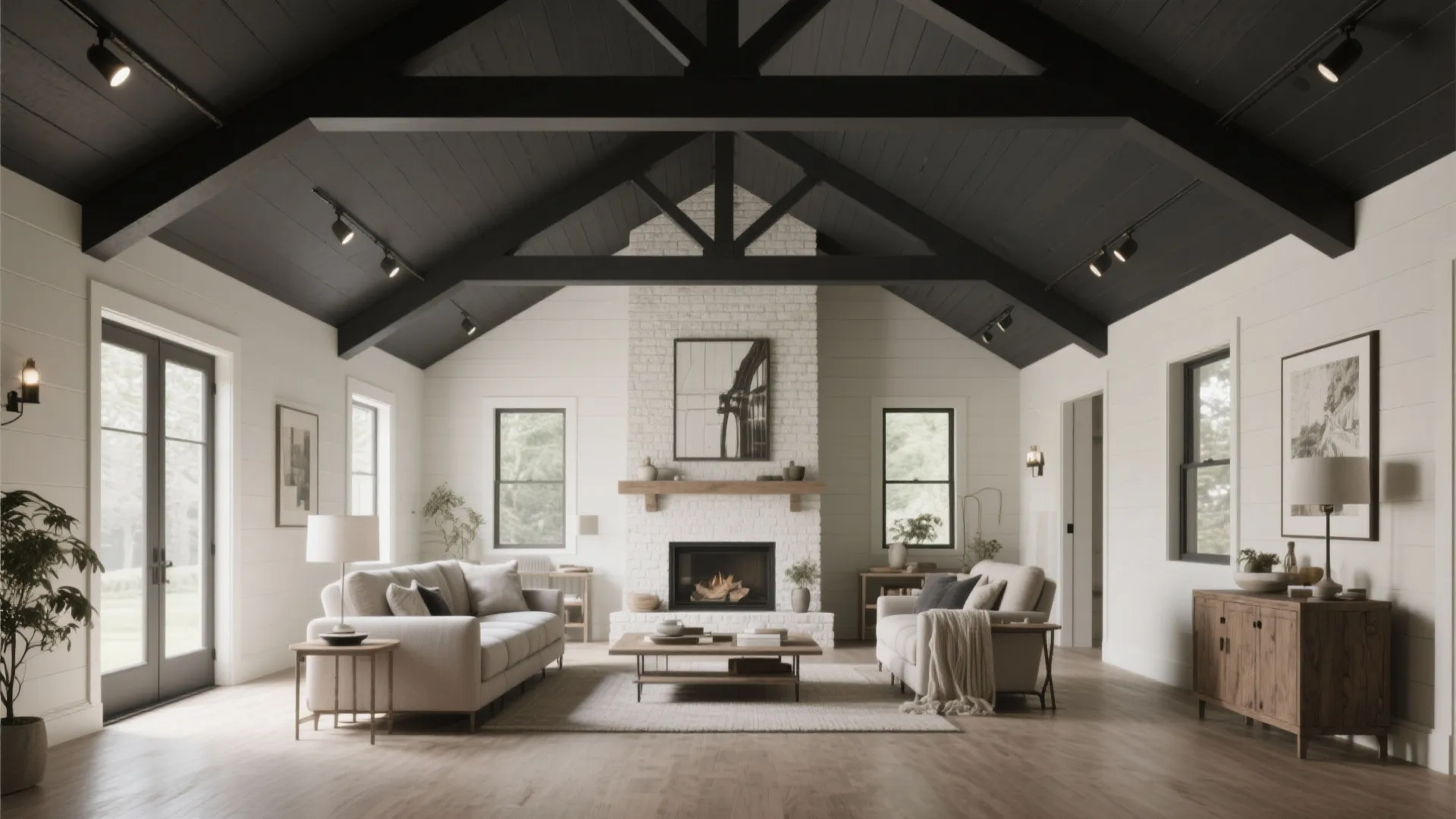 Modern living room with dark vaulted ceiling and white brick fireplace plus grey sofa furniture