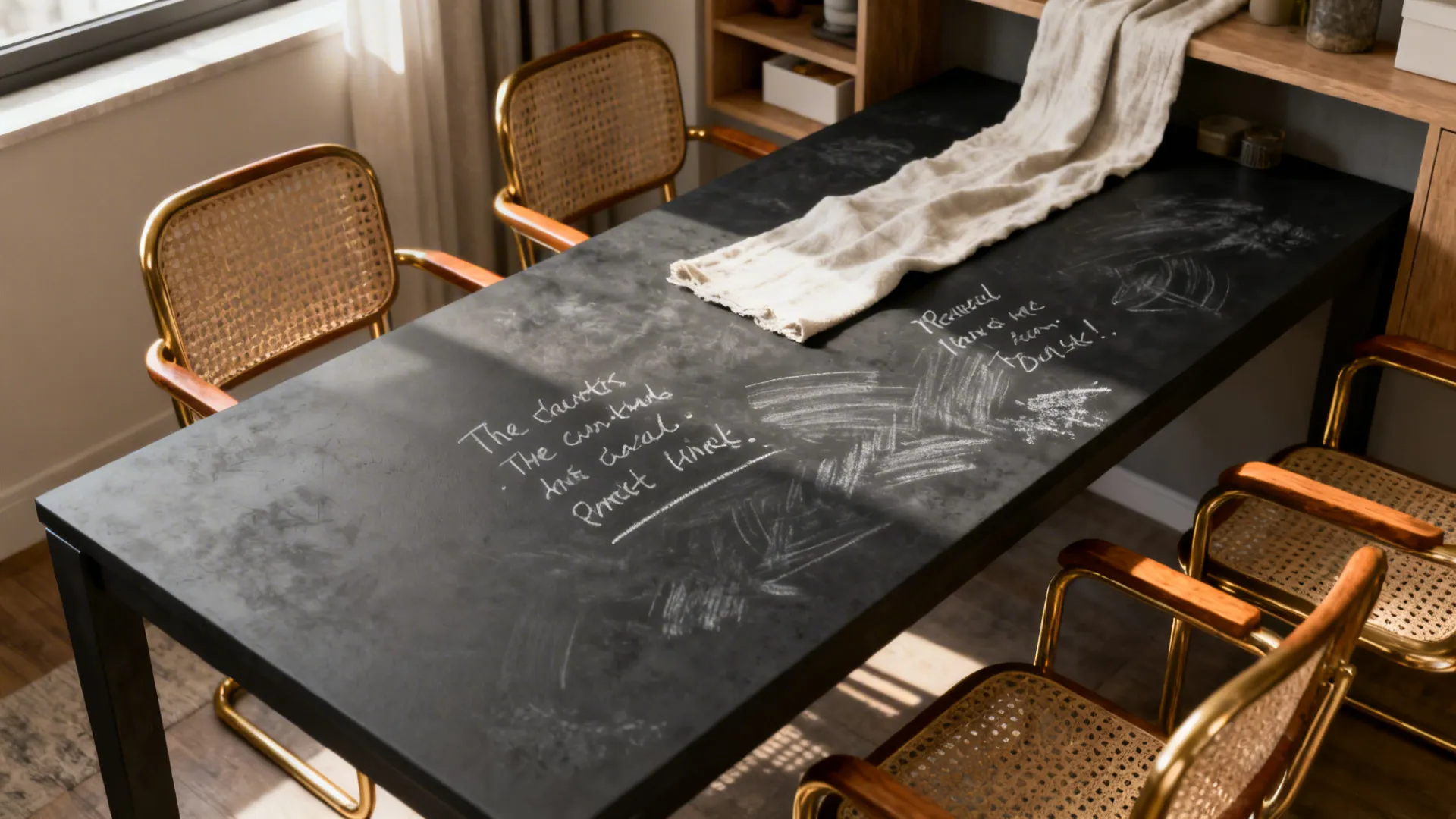 Studio dining nook with a charcoal chalk-friendly tabletop and warm brass and cane accents.