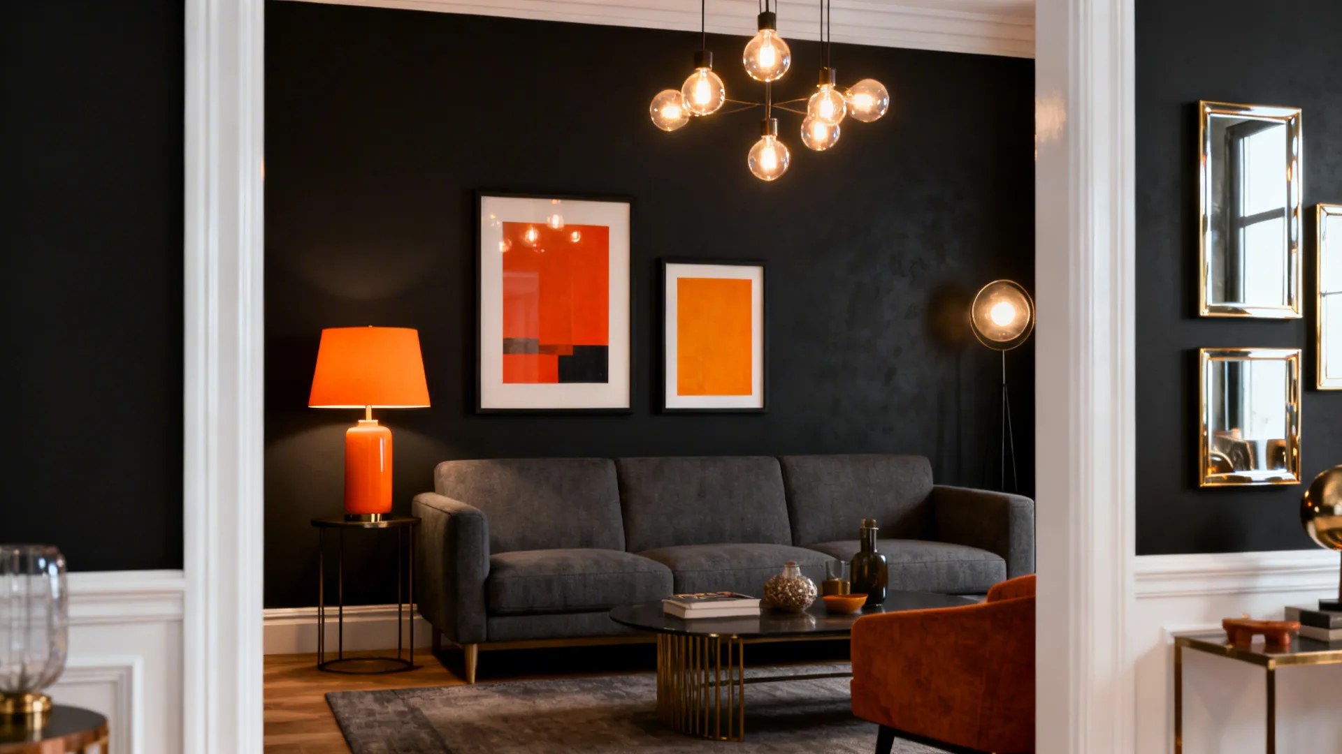Living room with a charcoal accent wall and citrus-orange lamp and art against white trim.