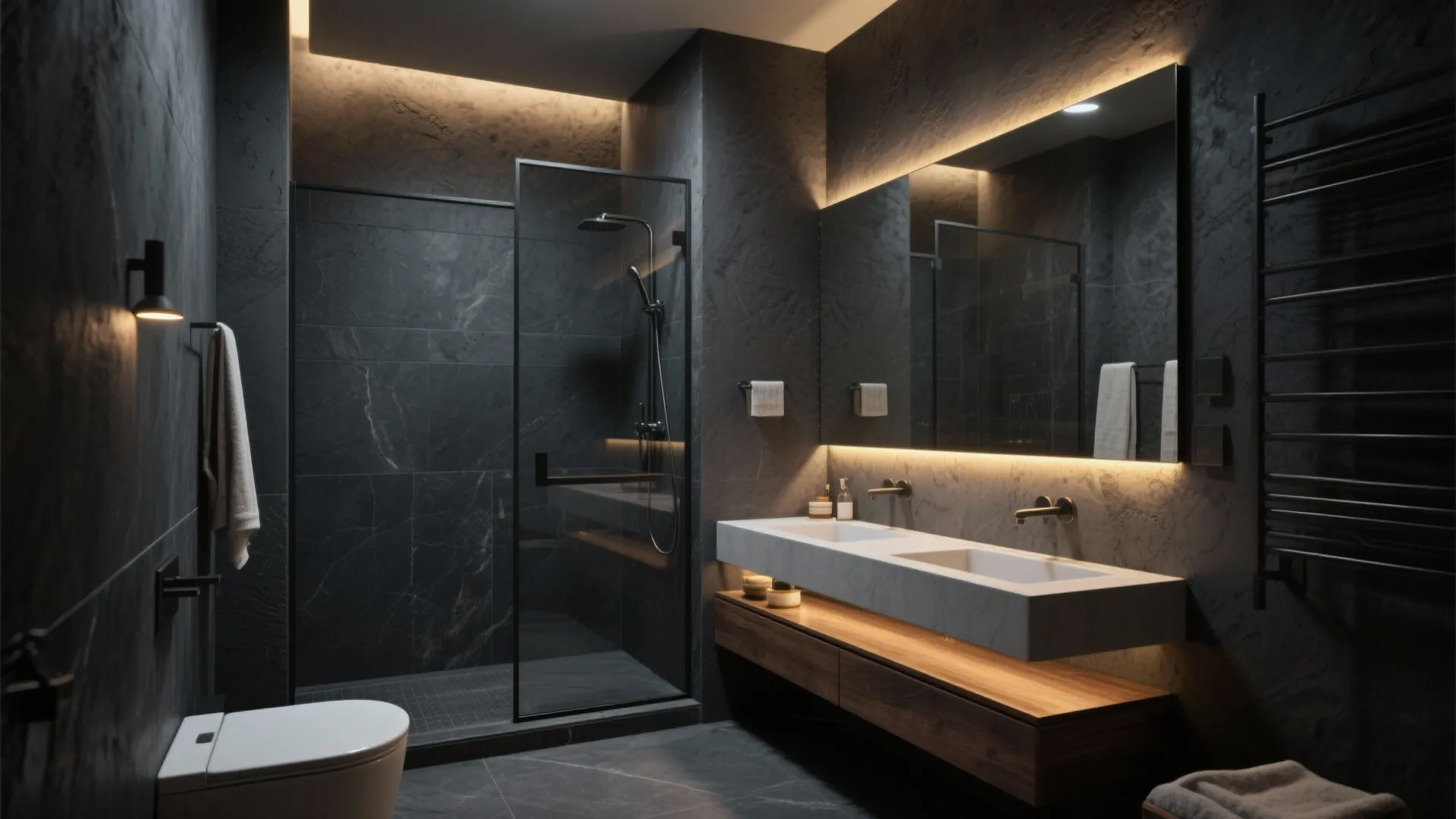 Idea 4: Go moody charcoal—but layer light like a spa